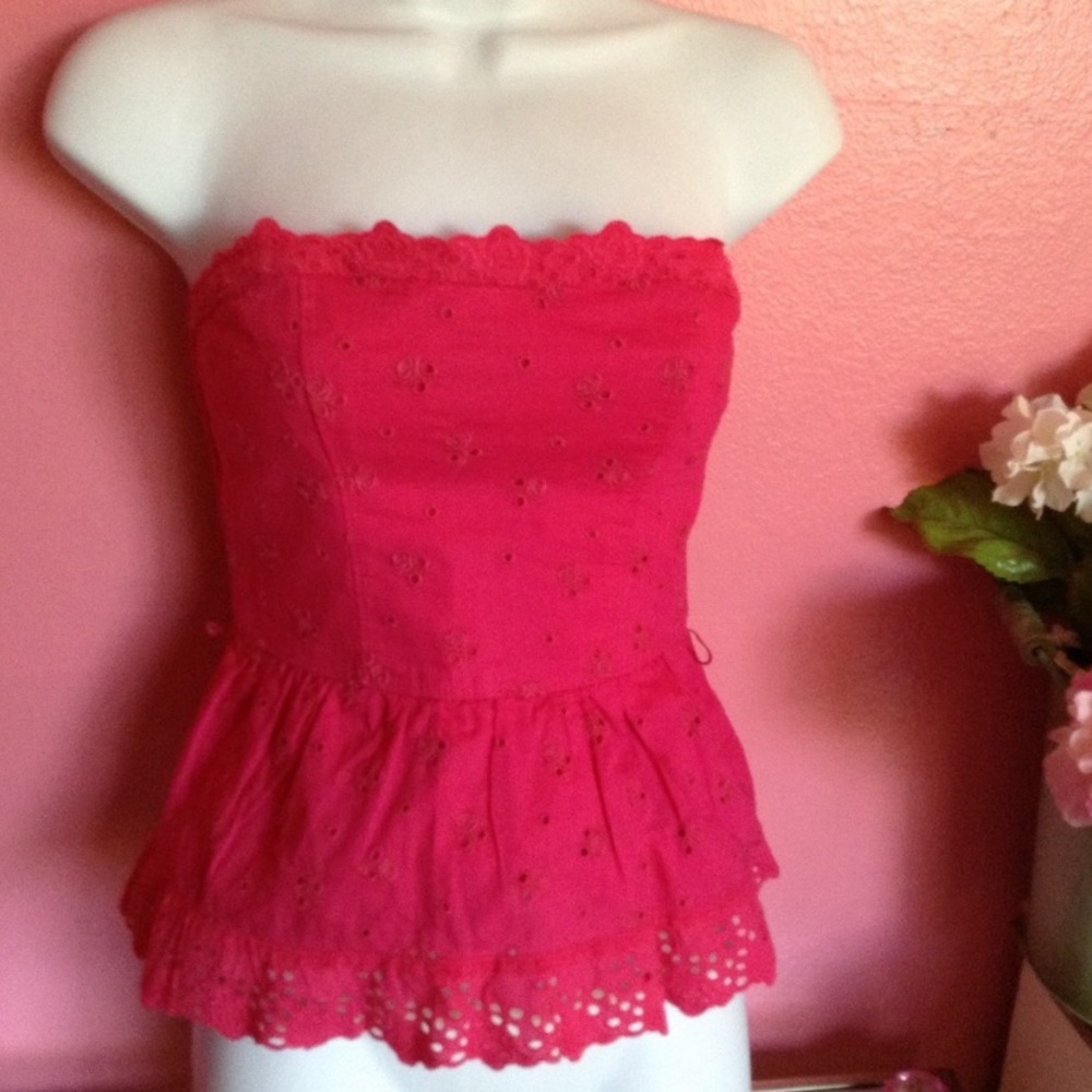 Y2K Vibrant Pink Strapless Eyelet Babydoll Top